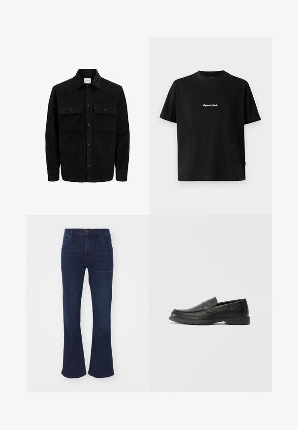 Melnas kordūru pogu jaka ar divām priekšējām atloka kabatām un klasisku apkakli, garām piedurknēm un ribotu tekstūru.; Melnas kokvilnas T-krekls ar īsām piedurknēm, ar baltu izšūtu tekstu "Original Studio" krūšu daļā un apaļu kakla izgriezumu.; Tumši zila džinsu auduma bikses ar nelielu izplūdu gaisā, priekšējo pogu aizdari un priekšējiem un aizmugurējiem kabatām.; Melnas ādas loafers ar gludu apdari, mokasīnu stila augšdaļu, šūtu detalizāciju un gumijas zoli. Klasisks dizains ar zemu papēdi.
