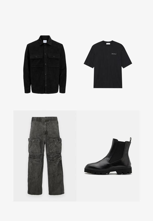 Svart kordfløyels knappjakke med to frontlommer med klaff og klassisk krage, lange ermer og ribbet tekstur.; Svart bomull T-skjorte med korte ermer, med hvit skrift "Take the lead" på venstre brystområde. Enkel rund halsdesign.; Cargo bukser i falmet sort stof, med elastisk talje, flere sidelommer og en let vasked tekstur.; Sorte Chelsea-støvler med en blank skinnfinish, elastiske sidepaneler, en drahank og en robust gummisåle med grep.