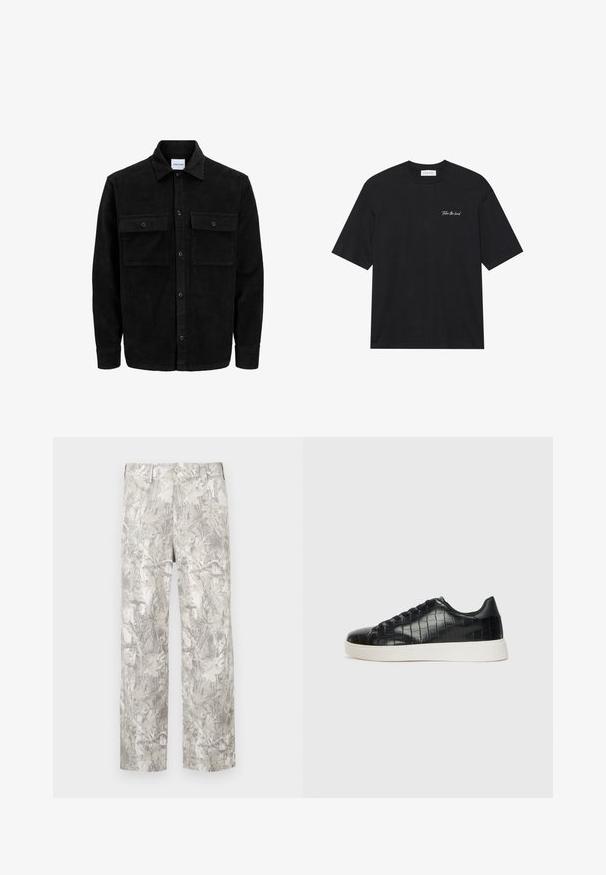 Crni kožni kord jakna na dugmad s dva prednja džepa s preklopom i klasičnim ovratnikom, dugim rukavima i rebrastom teksturom.; Crna pamučna majica s kratkim rukavima, s bijelim ispisom "Preuzmi vodstvo" na lijevoj strani prsnog područja. Jednostavan dizajn s okruglim izrezom.; Lagane, uzorkovane hlače u nijansama sive i bež s motivom lista. Zaključavanje na dugme u struku, ravni kroj nogavica.; Crne tenisice s teksturiranom gornjom površinom od kože s uzorkom krokodila, zaobljenim vrhom i kontrastnom bijelom gumenom potplatom s glatkom završnom obradom.