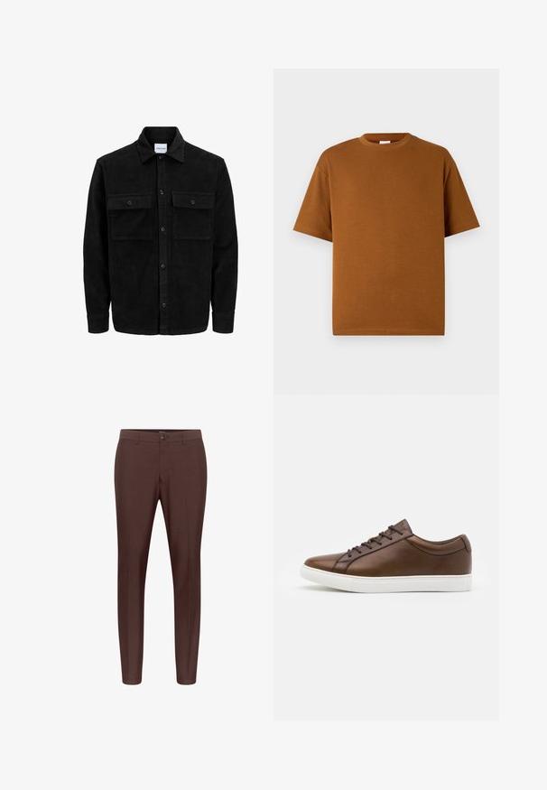 Črna kordurojska jakna z gumbi, z dvema sprednjima žepoma z zavihkom in klasičnim ovratnikom, dolgimi rokavi ter rebrasto teksturo.; Browning kratkih rokavov T-majica iz mehke tkanine, z okroglo ovratnico in sproščenim krojem ter ravnim robom. Brez vidnih vzorcev ali akcentov.; Rjave krojene hlače z ravnim sprednjim delom, zankami za pas in enim gumbom za zapiranje. Narejene iz gladkega materiala s pravim krojem.; Rjave usnjene športne copate z zaobljenim nosom, belo gumijasto podplatno in petimi luknjami za vezalke. Imajo diskretno blagovno znamko na peti.