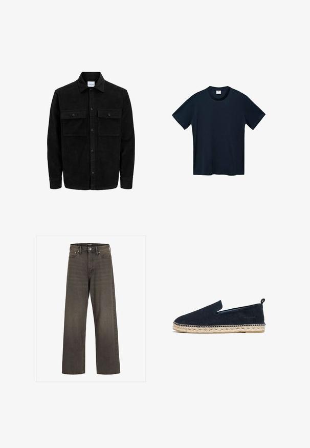 Giacca in corduroy nera con bottoni, due tasche anteriori con patta, colletto classico, maniche lunghe e texture a coste.; T-shirt a maniche corte di colore blu navy realizzato in morbido cotone, con scollo rotondo e orlo dritto senza motivi visibili.; Jeans a gamba larga in denim grigio scuro, con vita alta, design classico a cinque tasche e cuciture a contrasto lungo le cuciture.; Espadrilles in suede blu navy con suola in corda di juta, design slip-on, punta rotonda e una linguetta posteriore per una facile calzata.