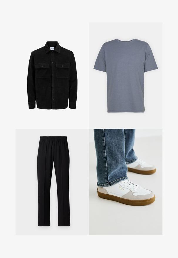Melnas kordūru pogu jaka ar divām priekšējām atloka kabatām un klasisku apkakli, garām piedurknēm un ribotu tekstūru.; Pelēks īsām piedurknēm T-krekls ar apaļu kakla izgriezumu, izgatavots no mīkstas kokvilnas maisījuma auduma. Vienkāršs dizains, bez rakstiem vai akcentiem.; Melni elastīgi bikses ar taisnas kājas dizainu, ar gludu tekstūru un bez redzamām zīmēm vai detaļām.; Bauti baltā un bēšā krāsā ar gludu ādas un zamša augšdaļu, noapaļota purna forma, sasienami priekšējie daļi un brūns gumijas zole.