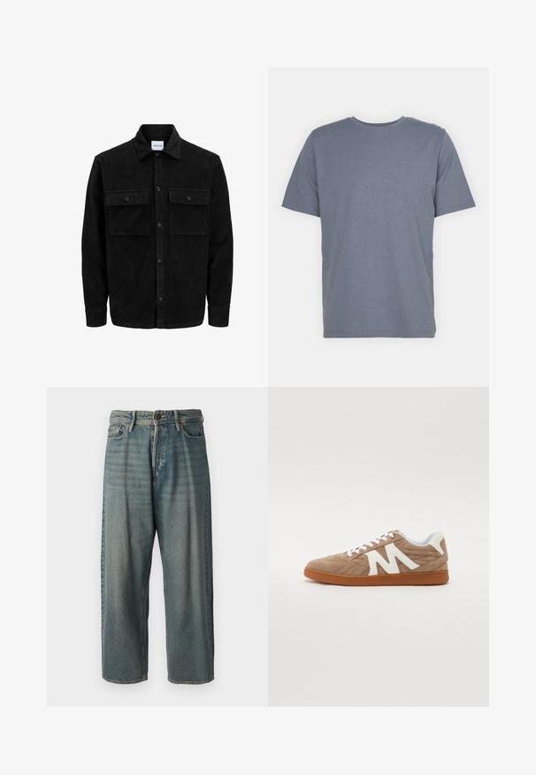 Schwarze Corduroy-Button-Up-Jacke mit zwei frontalem Klappentaschen und klassischem Kragen, langen Ärmeln und gerippter Textur.; Graues T-Shirt mit kurzen Ärmeln und Rundhalsausschnitt, aus weichem Baumwollmixstoff gefertigt. Schlichtes Design, keine Muster oder Akzente.; Helle blaue Denim-Jeans mit lockerer Passform, mittelhoher Taille und geraden Beinen. Hat fünf Taschen, Gürtelschlaufen und einen Knopfverschluss.; Schnürsneaker mit einem Obermaterial aus braunem Wildleder, weißen Stoffakzenten, gestepptem Design und einer braunen Gummisohle. Verfügt über ein auffälliges "M"-Logo.