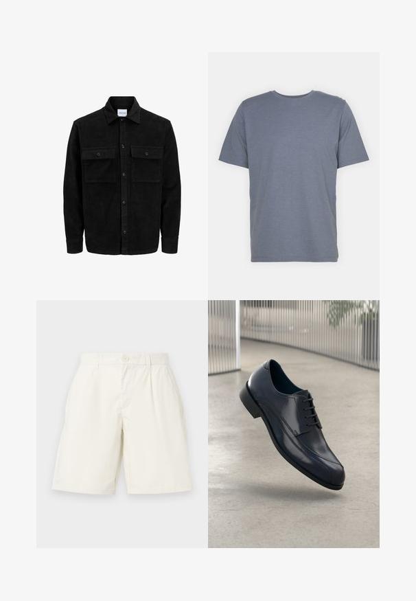 Černá kordurová košile s knoflíky, dvěma předními klopovými kapsami a klasickým límcem, dlouhými rukávy a vroubkovanou texturou.; Šedé tričko s krátkým rukávem a kulatým výstřihem, vyrobené z měkké bavlněné směsi. Jednoduchý design, bez vzorů nebo akcentů.; Bílé bavlněné šortky s rovnými nohavicemi, se zapínáním na knoflík a bočními kapsami. Hladká textura a bez viditelných vzorů.; Lesklá černá kožená společenská obuv s tkaničkami, plovoucí nad hladkým, světle šedým podlahovým povrchem a s vertikálními kovovými pruty v pozadí.