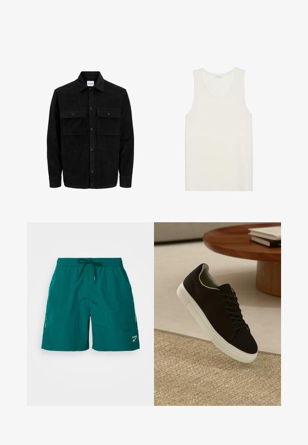 Juodas velveto mygtukų švarkas su dviem priekiniais kišenėmis su atvartais, klasikiniu apykakle, ilgomis rankovėmis ir raukšlėtu paviršiumi.; Ribota balta marškinėliai su apykaklę ir plačiomis petnešomis, pagaminti iš minkštos, tekstūruotos medžiagos, su tiesiu apačios kraštu.; Reebok Classic CROSS CHECK - Treningo apatinė dalis - collegiate green; Juodas sportinis batelis su baltu padu, lekiančius virš smėlio spalvos tekstūruoto kilimo šalia apvalaus medinio stalo su sukrautomis knygomis.