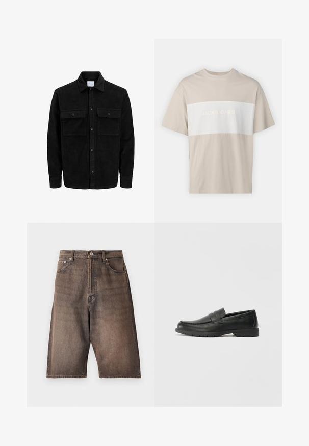 Črna kordurojska jakna z gumbi, z dvema sprednjima žepoma z zavihkom in klasičnim ovratnikom, dolgimi rokavi ter rebrasto teksturo.; Bež bombažna majica s kratkimi rokavi, ki ima belo vodoravno ploščo z embosiranim napisom "JACK & JONES ESSENTIALS WORLDWIDE".; Jeans kratke hlače v zbledeli rjavi barvi z ravnim krojem. Imajo pet žepek, obrobo za pas in gumbasto zapiranje na pasu.; Črne usnjene loafer čevlje z gladko površino, zgornjim delom v slogu mokasin, šivanimi detajli in gumijastim podplatom. Klasična zasnova z nizko peto.
