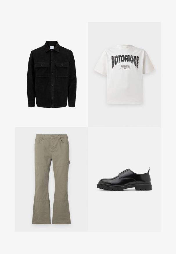 Črna kordurojska jakna z gumbi, z dvema sprednjima žepoma z zavihkom in klasičnim ovratnikom, dolgimi rokavi ter rebrasto teksturo.; Bela bomba majica s kratkimi rokavi, ki vsebuje močno črno grafiko z napisom "NOTORIOUS" in obliko "WORLD TOUR 1990" spodaj v obrabljenem tisku.; Rjava široka hlače iz bombaža. Imajo sprednje in stranske žepe, šivano detajliranje ter gladko teksturo.; Črne usnjene čevlje za vezanje z zaobljenim nosom, gladko teksturo in rebrastim gumijastim podplatom. Imajo majhno peto in zanka na zadnji strani.