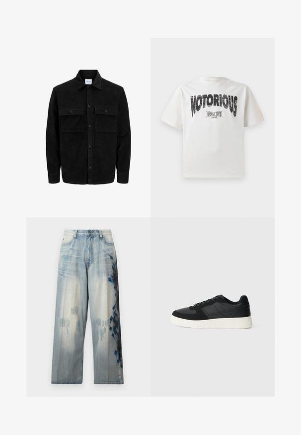 Črna kordurojska jakna z gumbi, z dvema sprednjima žepoma z zavihkom in klasičnim ovratnikom, dolgimi rokavi ter rebrasto teksturo.; Bela bomba majica s kratkimi rokavi, ki vsebuje močno črno grafiko z napisom "NOTORIOUS" in obliko "WORLD TOUR 1990" spodaj v obrabljenem tisku.; Svijetloplave traper široke hlače s istrošenim dizajnom i apstraktnim crnim i plavim uzorcima s jedne strane. Klasičan stil s pet džepova.; Črne nizke teniske z teksturiranim usnjem in paneli iz semiša, bela gumijasta podloga in črne vezalke na enobarvni svetli podlagi.