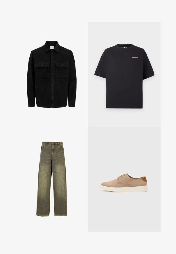 Juodas velveto mygtukų švarkas su dviem priekiniais kišenėmis su atvartais, klasikiniu apykakle, ilgomis rankovėmis ir raukšlėtu paviršiumi.; Juodas trumpas rankoves T-palaidinė su apvalia kaklo iškirpte Timberland, su mažu rusvu logotipu kairiajame viršutiniame krūtinės kampe, pateikta ant balto fono.; Plačios kojų džinsai alyvuogių žalios džinsinės medžiagos, su išlenkta siūlės akcentais, klasikiniais mygtukais ir išblukusiu finišu.; Bežiniai zomšiniai sportbačiai su apvaliomis pirštų dalimis, raišteliais priekyje ir tekstūruotu užkulniu. Balta guma suteikia kontrastą. Paprastas ir modernus dizainas.