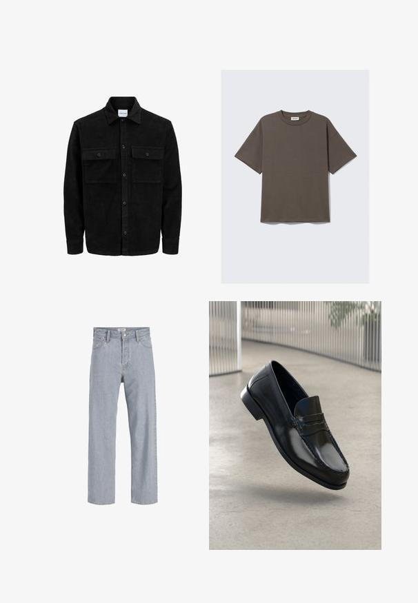 Crni kožni kord jakna na dugmad s dva prednja džepa s preklopom i klasičnim ovratnikom, dugim rukavima i rebrastom teksturom.; Tamnozeleni pamučni majica s okruglim izrezom, kratkim rukavima i udobnim krojem, s oznakom koja glasi "WEEKDAY".; Svijetloplave traperice s opuštenim krojem, ravnim nogavicama, vidljivim šavovima, dva prednja džepa i kopčanjem na gumb.; Crne kožne mokasinke s glatkim završetkom, zaobljenim vrhom, ukrasnim šavovima i blago povišenim potplatom.