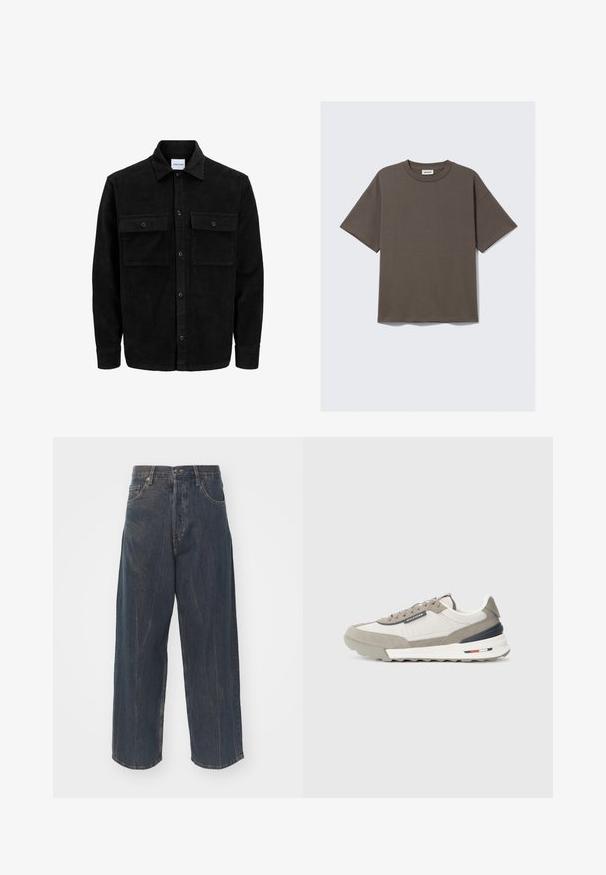 Black corduroy button-up jacket with two front flap pockets and a classic collar, long sleeves, and ribbed texture.; Dark green cotton t-shirt with a crew neckline, short sleeves, and a relaxed fit, featuring a label that reads "WEEKDAY."; Wide-leg dark blue denim jeans with subtle distressed texture, five pockets, and a classic button and zipper closure at the waist.; Grey and white sneakers featuring a mix of suede and textile. Contrasting navy and red accents, with a textured rubber sole and laces.