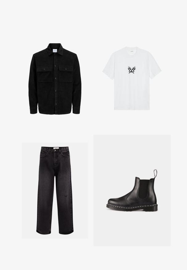 Black corduroy button-up jacket with two front flap pockets and a classic collar, long sleeves, and ribbed texture.; White cotton t-shirt with short sleeves and a crew neck. Features a central black flame-patterned butterfly graphic. Smooth texture.; Black denim jeans with a wide-leg cut, featuring five pockets, a stitched waistband, and a subtle logo detail near the knee.; Black leather Chelsea boot with elastic side panels, rounded toe, pull tab, white stitching on the sole, and textured rubber outsole.