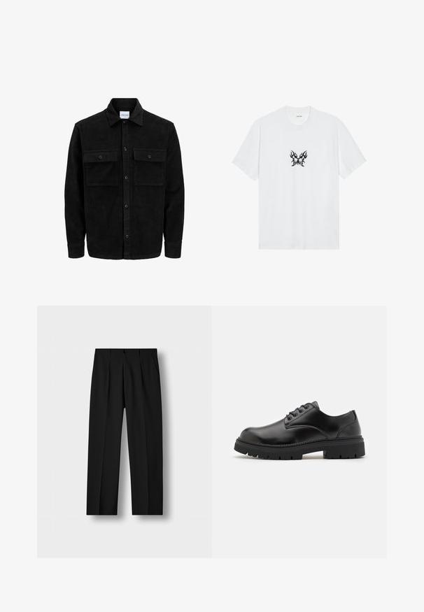 Crni kožni kord jakna na dugmad s dva prednja džepa s preklopom i klasičnim ovratnikom, dugim rukavima i rebrastom teksturom.; Bijela pamučna majica s kratkim rukavima i okruglim izrezom. Središnji motiv čini crni leptir s uzorkom plamenova. Glatka tekstura.; Crne hlače od tkanine s teksturom, s naborima, prednjim zatvaračem na dugmad i bočnim džepovima. Dizajn ravnih nogavica uz prilagođeno pristajanje.; Crne kožne cipele s okruglim vrhom, dizajn s vezicama i debelim, teksturiranim gumenim potplatom. Imaju šavove uz rub i glatku završnu obradu.