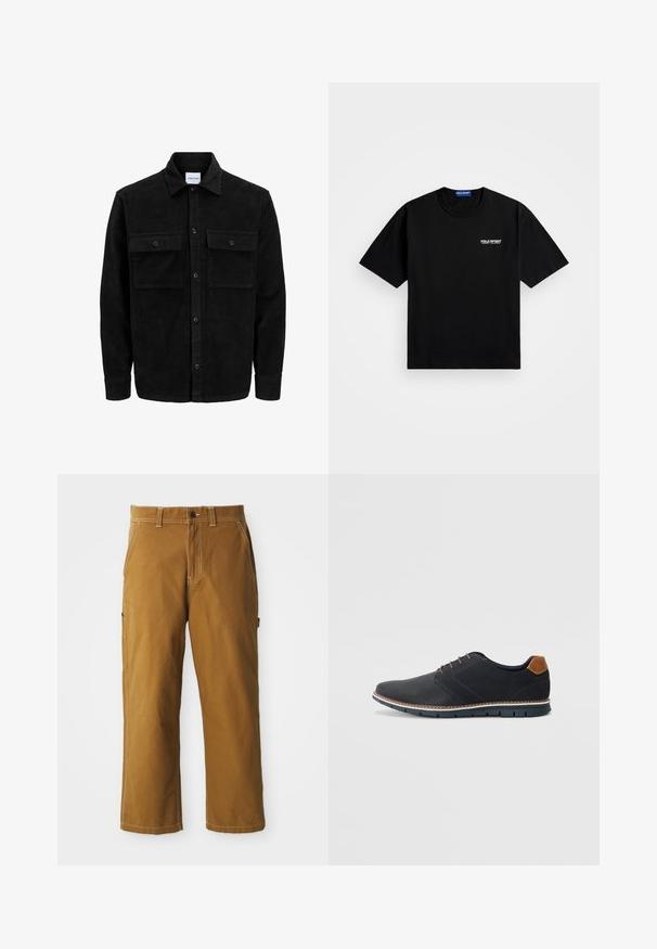 Veste en velours côtelé noire à boutons, avec deux poches à rabat à l'avant et un col classique, des manches longues et une texture côtelée.; T-shirt en coton noir avec un col rond et des manches courtes. Présente le logo "POLO SPORT" sur la poitrine gauche en blanc. Coupe classique.; Pantalon en coton marron à coupe droite, avec des coutures renforcées et des poches latérales. Il dispose d'une fermeture à bouton et de passants de ceinture à la taille.; Chaussures synthétiques noires avec un dessus texturé, accents lisses, talon marron et semelle contrastante. Présente un laçage minimal et des détails de couture.