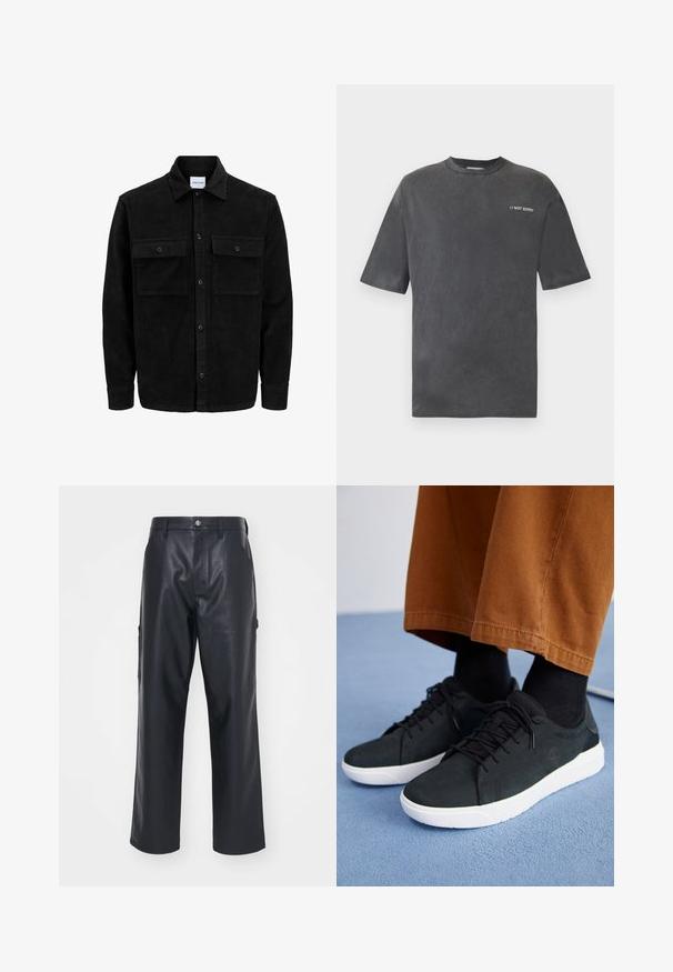 Mustmustöös nupuga jope, millel on kaks eesmist klapiga taskut ja klassikaline kaelus, pikad varrukad ning ribakujuline tekstuur.; Must musta särk lühikeste varrukatega, pehmest kangast, ümarate kaelustega ja vasakul rinnal on valge kiri "// NOT SORRY".; Mustad nahkpüksid siledast materjalist, laia jala lõikega ja küljetaskutega. Omab nööbiga kinnitust ja vööpäid.; Mustad suede spordijalatsid valge kummitaldaga, millel on paeltega kinnitamine, tekstuuriga aktsendid ja tagasihoidlik bränding, koos pruuni pükstega.