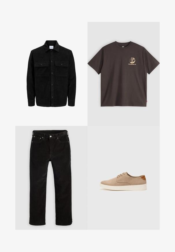 Mustmustöös nupuga jope, millel on kaks eesmist klapiga taskut ja klassikaline kaelus, pikad varrukad ning ribakujuline tekstuur.; Tumepruun puuvillane T-särk lühikeste varrukatega, millel on vasakul rinnal kuldne logo ja küljel punane silt.; Mustmust sirgedega sirged püksid eesnõelaga, lukuga, vöörihmadega ja viie taskuga lihtsal heledal taustal.; Beežid nahast tossud ümarate varvastega, paeltega esiosa ja tekstuuriga tagakontuuriga. Valge kummist tallapakkumine loob kontrasti. Lihtne ja kaasaegne disain.