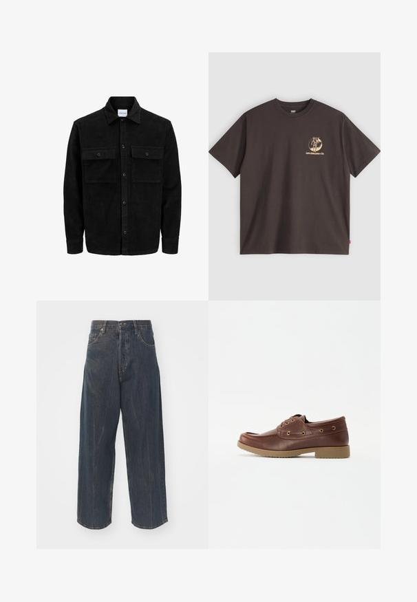 Jachetă din catifea neagră, cu butoni, două buzunare frontale cu clapetă și un guler clasic, mâneci lungi și textură ribbed.; Tricou din bumbac de culoare maro închis, cu mâneci scurte, având un design al logo-ului de culoare aurie pe pieptul stâng și o etichetă roșie pe tivul lateral.; Jeans din denim decolorat, cu croi larg, de culoare albastru închis, cu o textură ușor distresată, cinci buzunare și o închidere clasică cu buton și fermoar la talie.; Pantofii din piele maro pentru bărbați, cu vârful rotunjit, talpa texturată, ochiuri aurii și detalii de cusătură pe partea superioară pentru un design clasic.