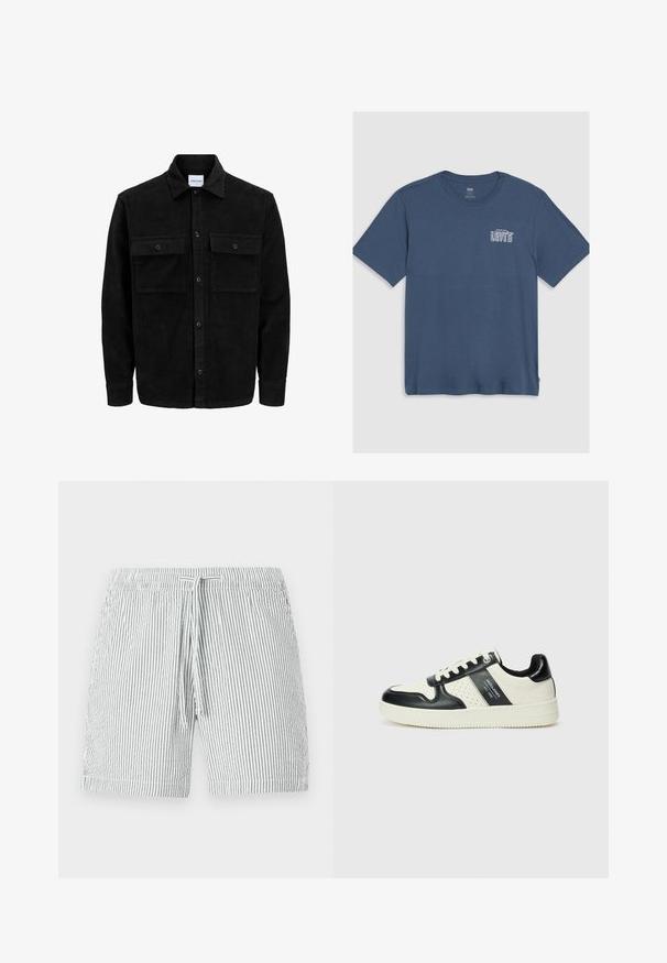 Melnas kordūru pogu jaka ar divām priekšējām atloka kabatām un klasisku apkakli, garām piedurknēm un ribotu tekstūru.; Zila kokvilnas T-kreklu ar apaļu kaklu un īsām piedurknēm. Baltā "Levi's" logo ir izdrukāts kreisajā krūšu daļā. Vienkāršs dizains.; Svītroti peldkostīmi pelēkā un baltā krāsā, ar auklu jostu, vidēja garuma dizainu un mīkstu, vieglu materiālu.; Ādas sporta apavi ar melnbaltu krāsu shēmu, ar perforētiem akcentiem, mīkstinātu apkakli un teksturētu zoli.