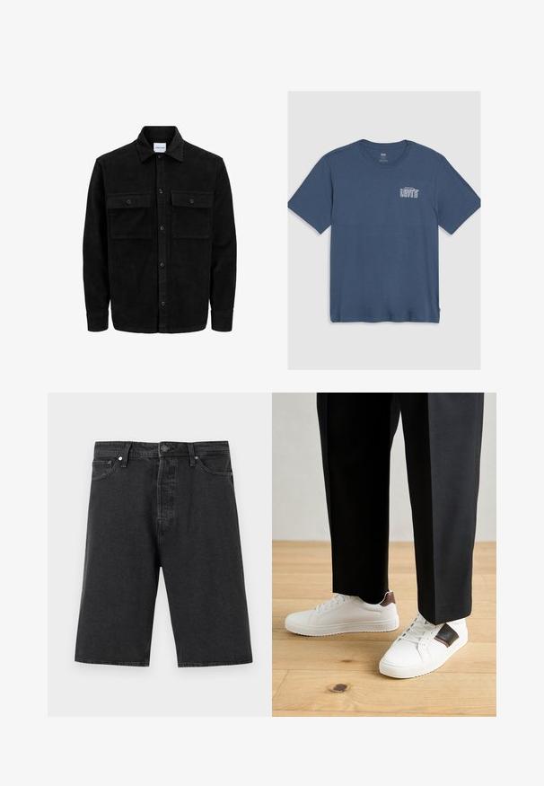 Čierna kordúrová bunda s gombíkmi, dvoma prednými vreckami so záklopkou a klasickým golierom, dlhými rukávmi a ryhovanou textúrou.; Modrá bavlnená tričko s okrúhlym výstrihom a krátkymi rukávmi. Na ľavej strane hrude je natlačené biele logo "Levi's". Jednoduchý dizajn.; Čierne deninové šortky s rovný strihom, štandardným dizajnom s piatimi vreckami, uzatváraním na gombík a textúrovaným povrchom látky.; Biele tenisky s hladkým povrchom, s hnedými koženými akcentmi a čiernymi detailmi, spárované s čiernymi elegantnými nohavicami. Pozadím je drevená podlaha.