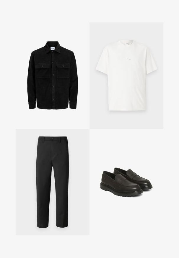 Zwarte corduroy knopenjack met twee voorste klepzakken en een klassieke kraag, lange mouwen en ribbelstructuur.; Witte katoenen t-shirt met een ronde hals, korte mouwen en een klein gedrukt logo aan de voorkant. Gladtextuur en een ontspannen pasvorm.; Zwarte broek met een rechte snit, gemaakt van gladde stof. Voorzien van een knoopsluiting en riemlussen. Geen zichtbare patronen of accenten.; Bruine leren instapschoenen met een gladde afwerking, gewatteerde kraag en een gestructureerd ontwerp. Voorzien van een zwarte rubberen zool met een groefpatroon.
