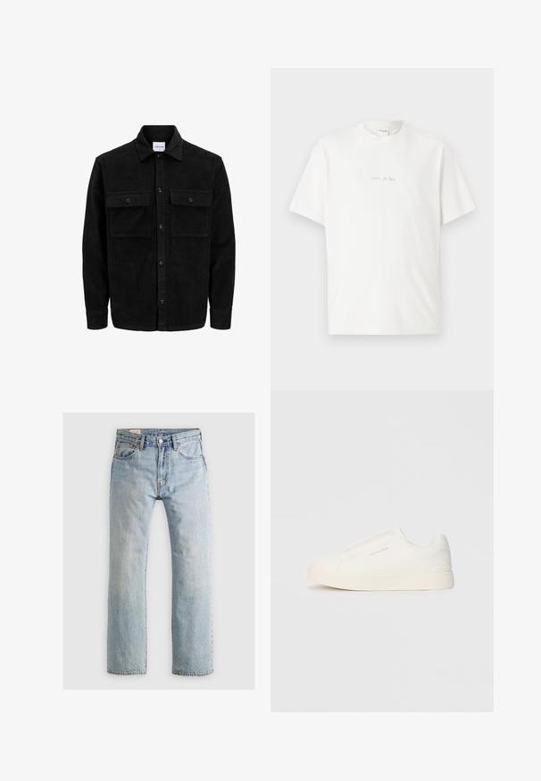 Črna kordurojska jakna z gumbi, z dvema sprednjima žepoma z zavihkom in klasičnim ovratnikom, dolgimi rokavi ter rebrasto teksturo.; Bela bombažna majica s krojem, kratkimi rokavi in malim potiskanim logotipom spredaj. Gladka tekstura in sproščen kroj.; Svetlo modri kavbojke iz denima s ravnim krojem, zasnovo petih žepov in kontrastnim šivanjem. Imajo zadrgo in kovinsko zaponko.; Bele zapete brez vezalk z teksturirano površino, debelim podplatom in minimalističnim dizajnom. Na strani se nahaja logotip blagovne znamke.