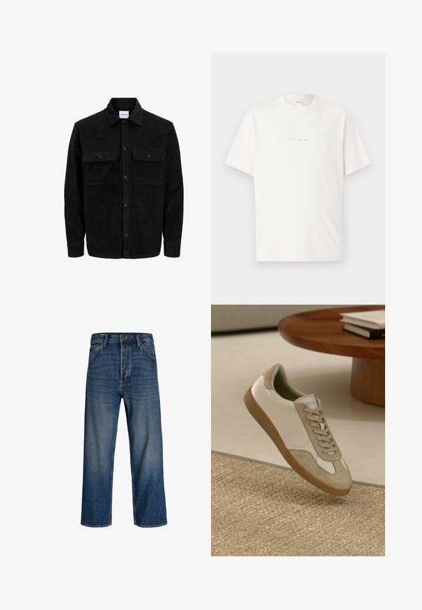 Chaqueta de pana negra con botones, dos bolsillos delanteros con solapa y un cuello clásico, mangas largas y textura acanalada.; Camisa de algodón blanca con cuello redondo, mangas cortas y un pequeño logo impreso en la parte delantera. Textura suave y corte relajado.; Vaqueros de mezclilla con un diseño de pierna recta, color azul oscuro y un ligero desvanecimiento. Cuenta con cinco bolsillos y un cierre de botón.; Zapatillas ligeras con parte superior de cuero blanco y detalles en gamuza beige, punta redonda y suela de goma marrón texturizada.