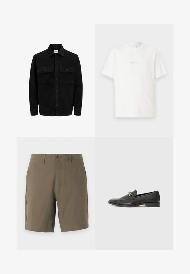 Black corduroy button-up jacket with two front flap pockets and a classic collar, long sleeves, and ribbed texture.; White cotton t-shirt with a crew neck, short sleeves, and a small printed logo on the front. Smooth texture and relaxed fit.; Olive green shorts made from textured fabric, featuring a button closure and flat front, with side pockets for functionality.; Black leather loafer with a smooth finish, featuring a stitched design and a decorative metal chain accent across the vamp. Flat heel.