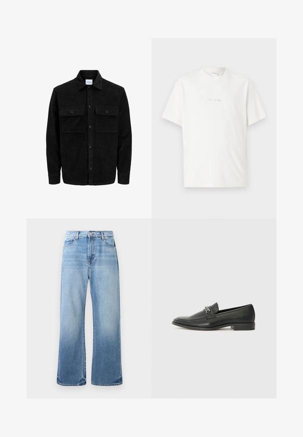Melnas kordūru pogu jaka ar divām priekšējām atloka kabatām un klasisku apkakli, garām piedurknēm un ribotu tekstūru.; Balts kokvilnas T-krekls ar apaļu kakla izgriezumu, īsām piedurknēm un mazu drukātu logotipu priekšā. Gluda tekstūra un brīvs griezums.; Gai zili džinsi ar taisnu kāju dizainu, nolietotu apdari, piecu kabatu stilu un kontrastējošām šuvēm. Nolietoti hem detalizējumi.; Melna ādas loafer izmēra apavi ar gludu virsmu, piedāvā ar šūtu dizainu un dekoratīvu metāla ķēdes akcentu pār vampu. Plakana papēža daļa.