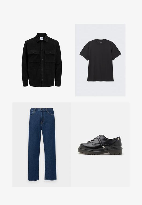 Melnas kordūru pogu jaka ar divām priekšējām atloka kabatām un klasisku apkakli, garām piedurknēm un ribotu tekstūru.; Melnas īsām piedurknēm t-krekls, kas izgatavots no kokvilnas. Tam ir apaļa kakla izgriezne un brīva piegriezuma siluets. Vienkāršs dizains bez rakstiem vai akcentiem.; Tumši zilas taisnas kājas denim bikses ar priekšējām kabatām un pogu aizdari, izvietotas uz vienkārša baltā fona.; Dr. Martens ZEFFIR 5I - Brīvā laika šņorkurpes - black/buttero