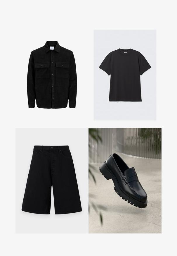 Crni kožni kord jakna na dugmad s dva prednja džepa s preklopom i klasičnim ovratnikom, dugim rukavima i rebrastom teksturom.; Crna majica kratkih rukava od pamuka. Ima okrugli izrez i opušteni kroj. Jednostavan dizajn bez vidljivih uzoraka ili akcentskih detalja.; Crne traper kratke hlače opuštenog kroja, s klasičnim dizajnom od pet džepova i zatvaranjem na dugme, glatke teksture i ravnog kroja.; Crne kožne mokasine s debelim đonom, s dekorativnom trakom i detaljima šivanja. Glatka tekstura s sjajnim finišem.