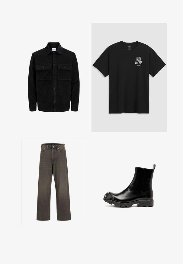Melnas kordūru pogu jaka ar divām priekšējām atloka kabatām un klasisku apkakli, garām piedurknēm un ribotu tekstūru.; Melna kokvilnas T-kreklu ar baltu grafiku, kurā attēloti koka un apavu elementi. Apli izgriezts kakls un īsas piedurknes, ar brīvu piegriezumu.; Platas kājas džinsi tumši pelēkā denima, ar augstu jostasvietu, klasisku piecu kabatu dizainu un kontrastējošām šuvēm.; Melna gumijas potīšu zābaku ar spīdīgu apdari, raksturīgu noapaļotu purngalu un izteiksmīgu, izveidotu akcentu uz purngala. Strukturēta melna zole.