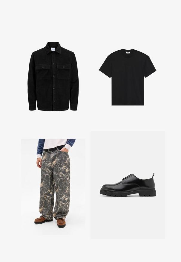 Černá kordurová košile s knoflíky, dvěma předními klopovými kapsami a klasickým límcem, dlouhými rukávy a vroubkovanou texturou.; Černé tričko s krátkým rukávem vyrobené z bavlny. Obsahuje klasický kulatý výstřih a volný střih bez viditelných vzorů nebo akcentů.; Volné šedé kalhoty s potiskem listů a větví, vyrobené z denimu. Spárované s hnědými mokasíny, ukazující neformální vzhled.; Černé kožené šněrovací boty s kulatou špičkou, hladkým povrchem a drsnou gumovou podrážkou. Mají malý podpatek a poutko na zadní straně.
