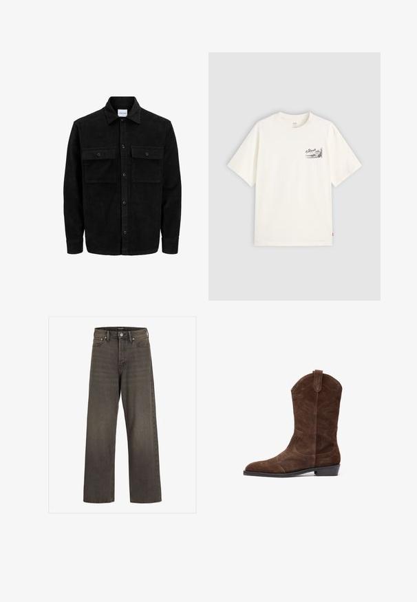 Svart kordfløyels knappjakke med to frontlommer med klaff og klassisk krage, lange ermer og ribbet tekstur.; Hvit kortermet t-skjorte laget av bomull, med et svart grafisk design på venstre brystområde med ordet "Fresh."; Videbukser i mørkegrå denim, med høj talje, klassisk fem-lomme design og kontrasterende syninger langs sømmene.; Brune mockasin cowboy-støvler med spiss tå, preget sømdetaljer og lav stabelhælt. Har sideløkker for enkel påføring.