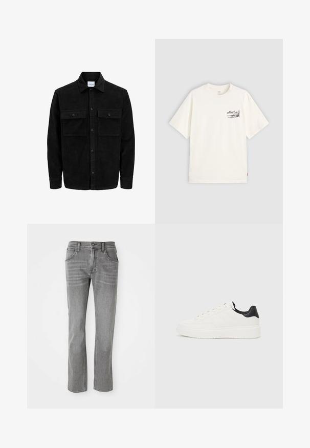 Černá kordurová košile s knoflíky, dvěma předními klopovými kapsami a klasickým límcem, dlouhými rukávy a vroubkovanou texturou.; Bílý krátký rukáv tričko vyrobené z bavlny, s černým grafickým designem na levé straně hrudníku se slovem "Fresh."; Šedé džíny z denimu se střihem rovného nohavice, pěti kapsami a jemným vyblednutím. Disponují kovovým knoflíkem na zapínání a poutky na opasek.; Bílé kožené tenisky s vyraženým vzorem, strukturovanou bílou mezipodešví a černým akcentem na patě. Mají zaoblenou špičku a ploché šňůrky.