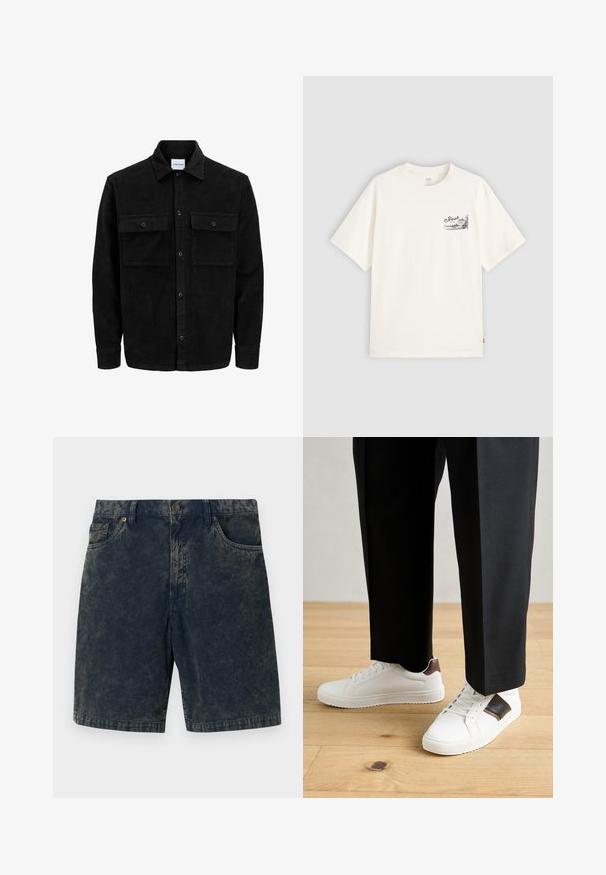 Black corduroy button-up jacket with two front flap pockets and a classic collar, long sleeves, and ribbed texture.; White short-sleeve t-shirt made of cotton, featuring a black graphic design on the left chest area with the word "Fresh."; Dark blue corduroy shorts featuring a button closure, two front pockets, and subtle lighter stripes across the fabric.; White sneakers with smooth texture, featuring brown leather accents and black detailing, paired with black tailored pants. Wooden floor background.