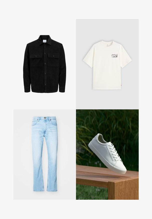Melnas kordūru pogu jaka ar divām priekšējām atloka kabatām un klasisku apkakli, garām piedurknēm un ribotu tekstūru.; Balts īsām piedurknēm T-krekls, kas izgatavots no kokvilnas, ar melnu grafiku kreisajā krūškurvja daļā, uz kuras ir vārds "Fresh."; Gai zils denims ar taisnu kāju, pieciem kabatām, priekšējo pogu aizdari un kontrastējošām šuvēm. Gluda tekstūra ar nolietotiem posmiem.; Baltas šņorējamais sneakers, kas pārvietojas virs koka solu ar zaļiem zariem fona, izceļot apavu dizainu un tekstūru.