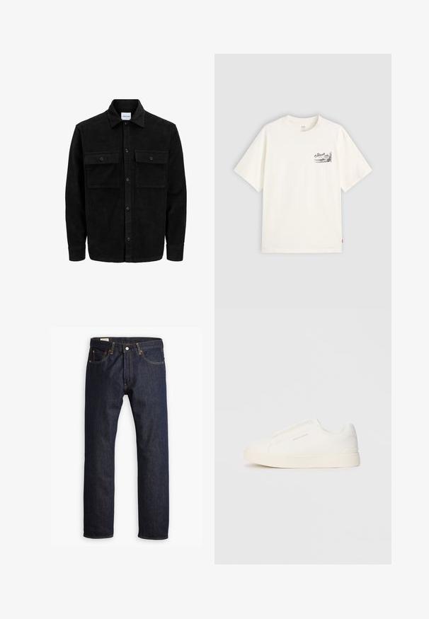 Veste en velours côtelé noire à boutons, avec deux poches à rabat à l'avant et un col classique, des manches longues et une texture côtelée.; T-shirt blanc à manches courtes en coton, présentant un design graphique noir sur la zone gauche de la poitrine avec le mot "Fresh".; Jean en denim bleu marine présentant une coupe droite, des coutures orange et un style à cinq poches avec une fermeture à bouton en métal.; Baskets blanches sans lacets avec une surface texturée, une semelle épaisse et un design minimaliste. Présente le logo de la marque sur le côté.