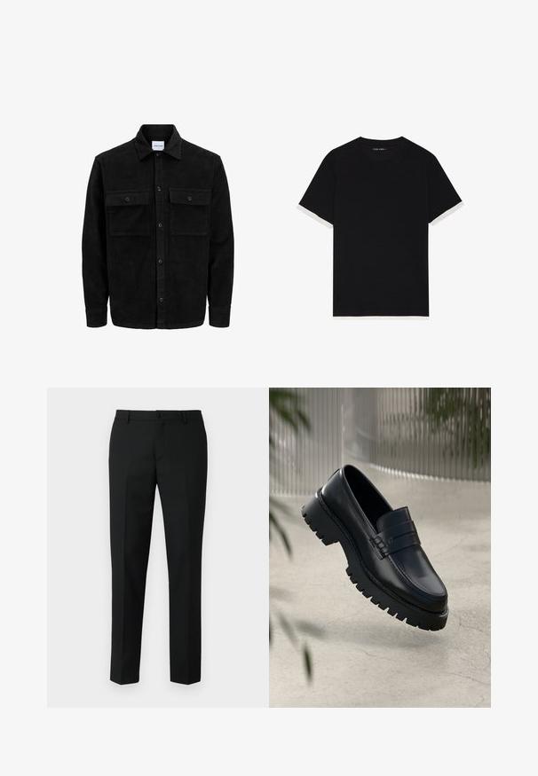 Zwarte corduroy knopenjack met twee voorste klepzakken en een klassieke kraag, lange mouwen en ribbelstructuur.; Zwarte t-shirt met korte mouwen van een gestructureerde stof, met witte accenten op de manchetten. ronde halslijn, relaxte pasvorm.; Zwarte op maat gemaakte broeken van een gladde stof, met een nette tailleband, voorzakken en smalle rechte pijpen.; Zwarte leren instappers met een chunky loopzool, voorzien van een decoratieve band en stikseldetails. Gladde textuur met een gepolijste afwerking.