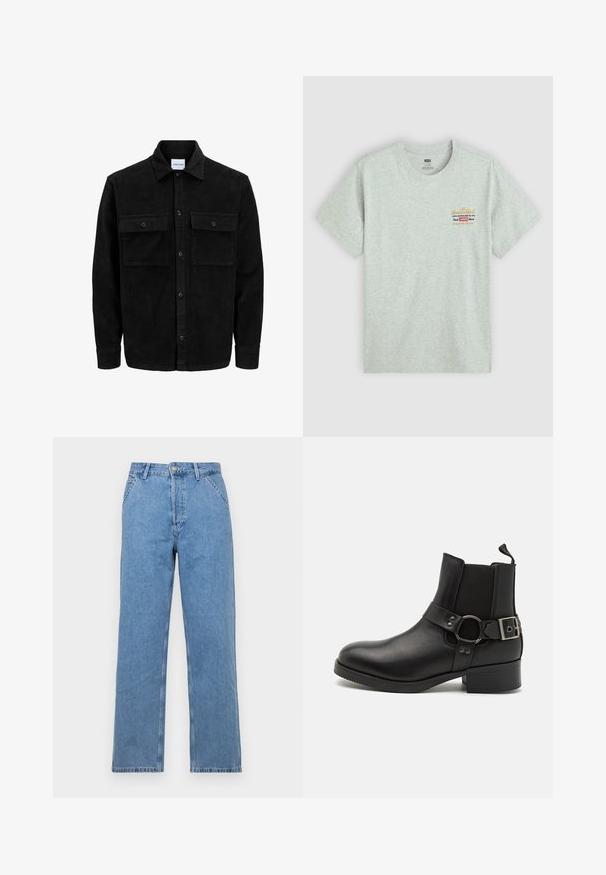 Mustmustöös nupuga jope, millel on kaks eesmist klapiga taskut ja klassikaline kaelus, pikad varrukad ning ribakujuline tekstuur.; Hallhalli puuvillane t-särk lühikeste varrukatega, ümar kaelus, millel on mitmevärviline kaubamärgi logo trükk vasakul ülal. Sile tekstuur.; Hele sinine denim sirgeded teod, klassikalise viie tasku disainiga, ees nupuga kinnitamine ja vööaugu lõiked. Sile tekstuur.; Steve Madden ANTONN - Kauboi/mootorratturi poolsaapad - black