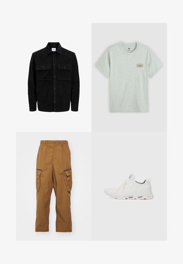 Schwarze Corduroy-Button-Up-Jacke mit zwei frontalem Klappentaschen und klassischem Kragen, langen Ärmeln und gerippter Textur.; Graues Baumwoll-T-Shirt mit kurzen Ärmeln und Rundhalsausschnitt, mit mehrfarbigem Logoprint auf der oberen linken Seite. Glatte Textur.; Braune Cargo-Hosen mit entspannter Passform, elastischem Bund, zwei Seitentaschen und schwarzen Akzenten an den Taschen. Hergestellt aus strapazierfähigem, strukturiertem Stoff.; Weiße Sportschuhe mit einem strukturierten Strickobermaterial, flachen Schnürsenkeln und einer gepolsterten Sohle mit sichtbaren Luftkammern für zusätzlichen Halt.