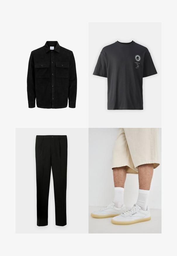 Černá kordurová košile s knoflíky, dvěma předními klopovými kapsami a klasickým límcem, dlouhými rukávy a vroubkovanou texturou.; Černé bavlněné tričko s krátkým rukávem, kulatým výstřihem a předními grafikami slunce a měsíce, doplněné textem "Le Soleil et La Lune."; Černé kalhoty na míru s plochým předním dílem, dvěma sklady, zapínáním na knoflík, bočními kapsami a rovnými nohavicemi. Vyrobeno z hladké tkaniny.; Bílé kožené tenisky s gumovými podrážkami, s perforovanými detaily, tkaničkami a logem na jazyku. Nosené s bílými ponožkami do kotníků a béžovými šortkami.
