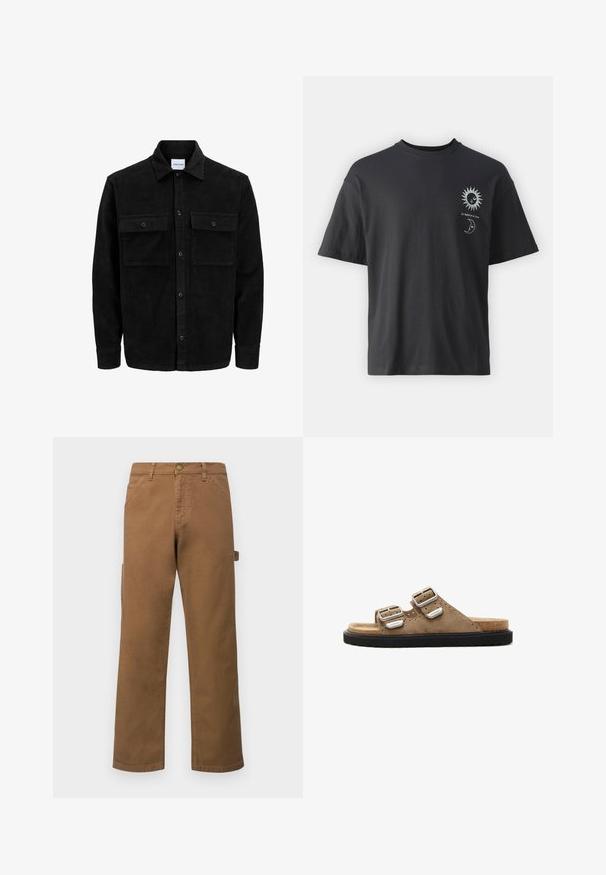 Giacca in corduroy nera con bottoni, due tasche anteriori con patta, colletto classico, maniche lunghe e texture a coste.; T-shirt in cotone nero con maniche corte, collo rotondo e grafica frontale di un sole e una luna, accompagnata dal testo "Le Soleil et La Lune."; Pantaloni cargo marroni in cotone con gambe dritte, dotati di tasche laterali e chiusura con bottone metallico in vita. Tessuto liscio e design casual.; Sandali in suede marrone con due fibbie argentate regolabili, suola nera testurizzata e dettagli perforati nella parte superiore.