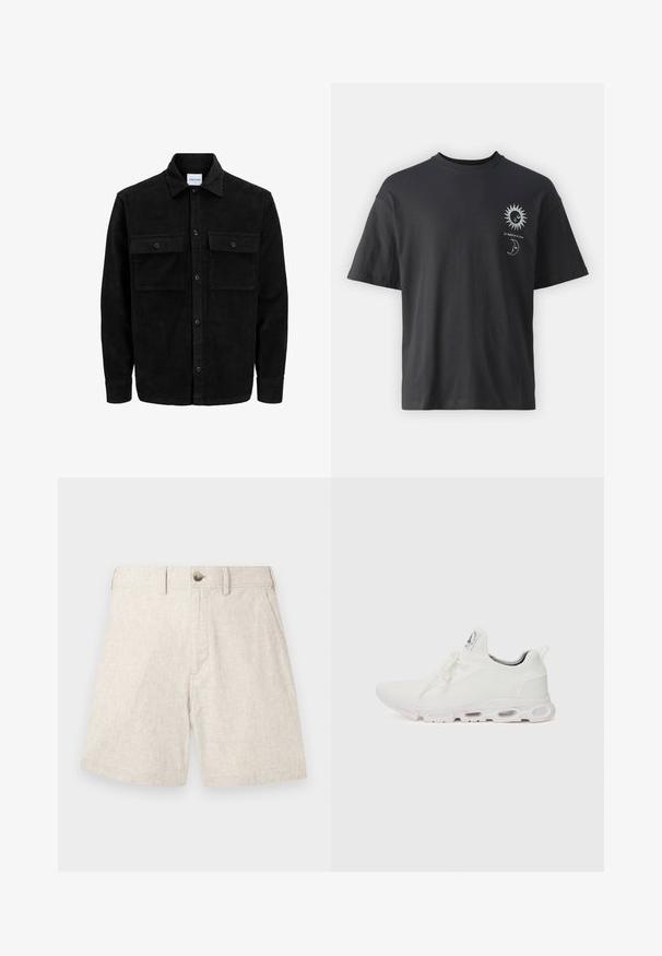 Melnas kordūru pogu jaka ar divām priekšējām atloka kabatām un klasisku apkakli, garām piedurknēm un ribotu tekstūru.; Melna kokvilnas t-krekls ar īsām piedurknēm, apaļu apkakli un priekšpusē attēlotiem saules un mēness grafikas, kopā ar tekstu "Le Soleil et La Lune."; Gai bēša linu šorti ar strukturētu audumu, ar priekšējo pogu aizdari, divām sānu kabatām un piegriezuma dizainu.; Baltas sporta apavi ar teksturētu adītu augšdaļu, platiem auklām un mīkstinātu zoli ar redzamām gaisa kamerām papildu atbalstam.