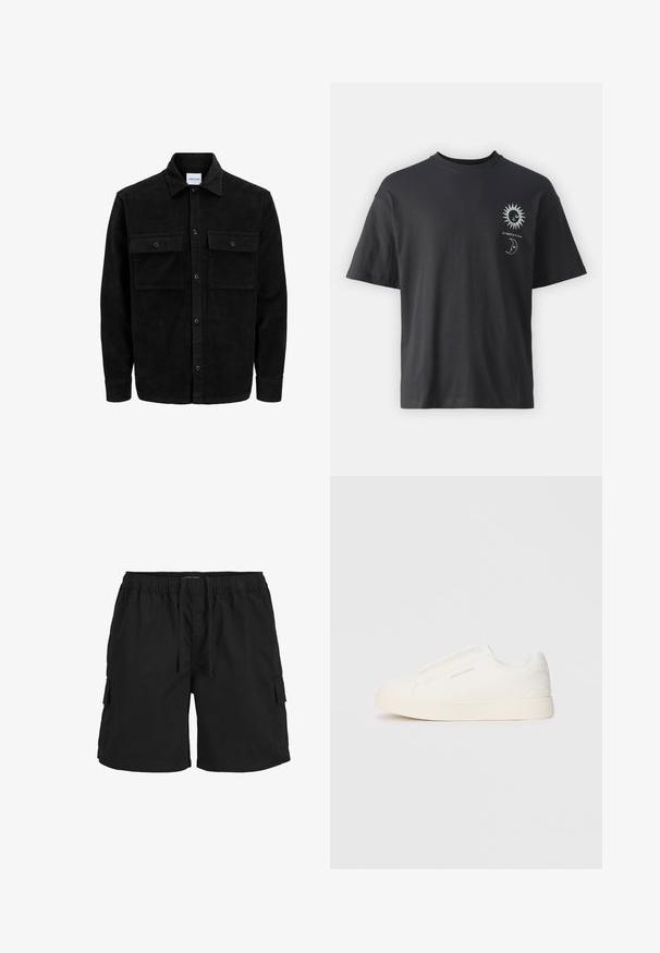 Melnas kordūru pogu jaka ar divām priekšējām atloka kabatām un klasisku apkakli, garām piedurknēm un ribotu tekstūru.; Melna kokvilnas t-krekls ar īsām piedurknēm, apaļu apkakli un priekšpusē attēlotiem saules un mēness grafikas, kopā ar tekstu "Le Soleil et La Lune."; Melni cargo šorti ar elastīgu jostasvītru, ar saites auklu, sānu kabatām un strukturētu audumu. Izstrādāti komfortam un praktiskumam.; Baltas slip-on sporta apavi ar teksturētu virsmu, biezu zoli un minimālistisku dizainu. Sānos redzams zīmola logotips.