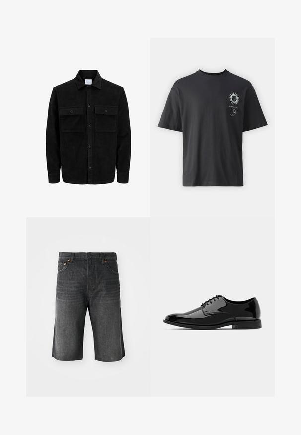 Jachetă din catifea neagră, cu butoni, două buzunare frontale cu clapetă și un guler clasic, mâneci lungi și textură ribbed.; Tricou din bumbac negru, cu mâneci scurte, guler rotund și grafica frontală a unui soare și a unei luni, însoțită de textul "Le Soleil et La Lune."; Șorturi din denim de culoare gri închis, cu croială dreaptă, cinci buzunare și cusături portocalii pe față. Terminare curată la tivuri.; Pantofii din piele lacuită neagră, cu vârful rotund, design cu șireturi și suprafață netedă, strălucitoare. Au o talpă din cauciuc cu profil jos.