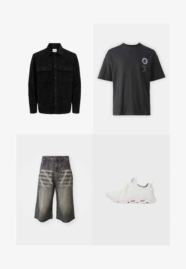 Čierna kordúrová bunda s gombíkmi, dvoma prednými vreckami so záklopkou a klasickým golierom, dlhými rukávmi a ryhovanou textúrou.; Čierne bavlnené tričko s krátkymi rukávmi, okrúhlym výstrihom a prednými grafikami slnka a mesiaca, doplnené textom "Le Soleil et La Lune."; Džínsové šortky v tmavosivej farbe s vyblednutým dizajnom. Obsahujú kontrastné fialové stehy a voľný, široký strih.; Biele športové topánky so štruktúrovaným pleteným zvrškom, plochými šnúrkami a odpruženou podrážkou s viditeľnými vzduchovými komorami pre dodatočnú podporu.