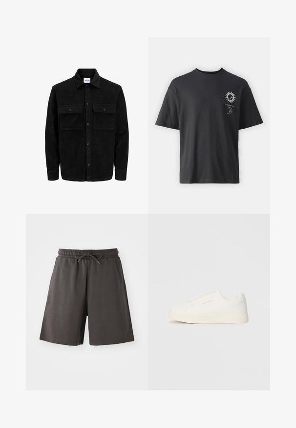 Černá kordurová košile s knoflíky, dvěma předními klopovými kapsami a klasickým límcem, dlouhými rukávy a vroubkovanou texturou.; Černé bavlněné tričko s krátkým rukávem, kulatým výstřihem a předními grafikami slunce a měsíce, doplněné textem "Le Soleil et La Lune."; Tmavě šedé šortky vyrobené z jemné tkaniny, mají elastický pas, nastavitelnou šňůrku a délku ke kolenům. Hladká textura, bez vzorů.; Bílé slip-on tenisky s texturovaným povrchem, silnou podešví a minimalistickým designem. Na boku je umístěno logo značky.