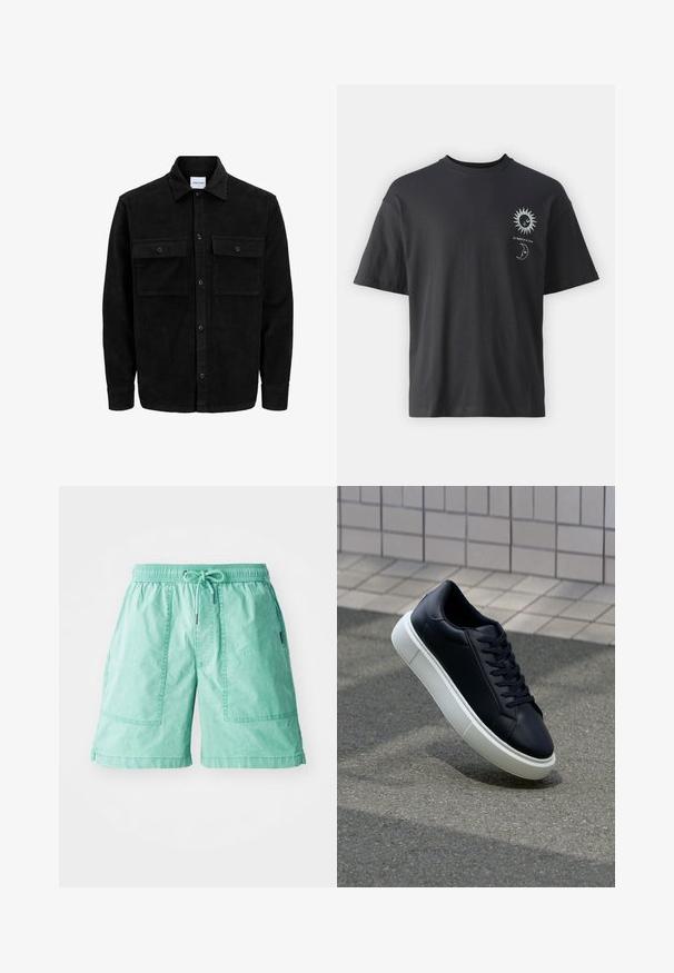 Čierna kordúrová bunda s gombíkmi, dvoma prednými vreckami so záklopkou a klasickým golierom, dlhými rukávmi a ryhovanou textúrou.; Čierne bavlnené tričko s krátkymi rukávmi, okrúhlym výstrihom a prednými grafikami slnka a mesiaca, doplnené textom "Le Soleil et La Lune."; Mäntovo zelené šortky vyrobené z ľahkej tkaniny, s elastickým pásom, šnúrkou na sťahovanie a dvoma bočnými vreckami s prešitými detailmi.; Čierne kožené tenisky s okrúhlou špičkou a bielou gumovou podrážkou. Majú ploché šnúrky a minimálne šitie na vrchu. Textúrovaná podrážka pre lepšiu priľnavosť.