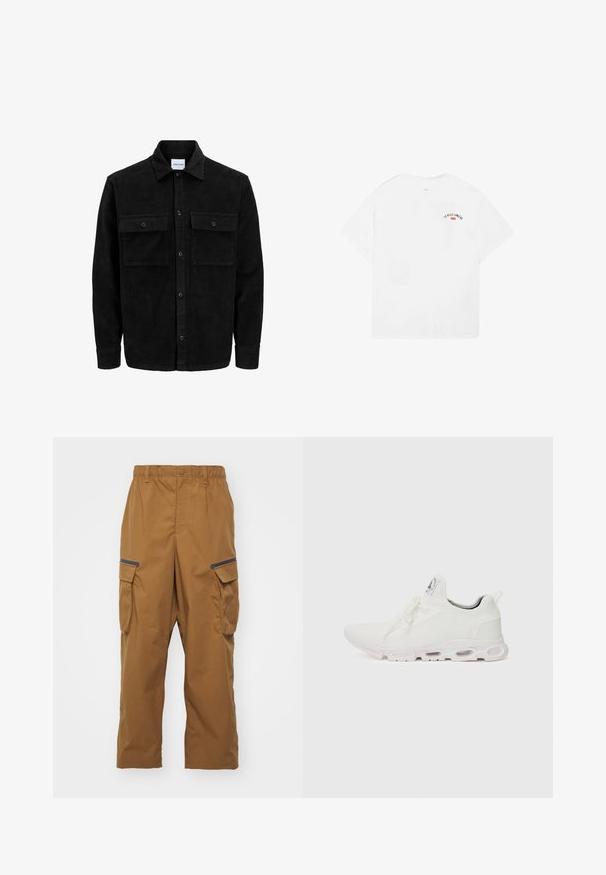 Schwarze Corduroy-Button-Up-Jacke mit zwei frontalem Klappentaschen und klassischem Kragen, langen Ärmeln und gerippter Textur.; Weißes Baumwoll-T-Shirt mit kurzen Ärmeln, rundem Halsausschnitt und einem kleinen Grafik mit der Aufschrift „LA VILLE LUMIÈRE“ in Schwarz und Rot auf dem oberen Rücken.; Braune Cargo-Hosen mit entspannter Passform, elastischem Bund, zwei Seitentaschen und schwarzen Akzenten an den Taschen. Hergestellt aus strapazierfähigem, strukturiertem Stoff.; Weiße Sportschuhe mit einem strukturierten Strickobermaterial, flachen Schnürsenkeln und einer gepolsterten Sohle mit sichtbaren Luftkammern für zusätzlichen Halt.