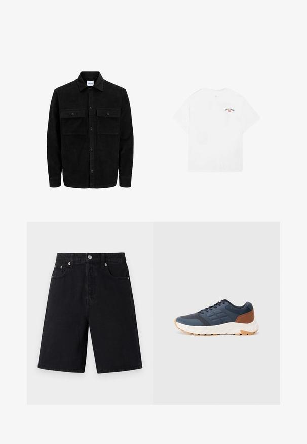 Zwarte corduroy knopenjack met twee voorste klepzakken en een klassieke kraag, lange mouwen en ribbelstructuur.; Witte katoenen t-shirt met korte mouwen, ronde halslijn en een kleine grafische opdruk met de tekst "LA VILLE LUMIÈRE" in zwart en rood op de bovenrug.; Zwarte denim shorts met een rechte snit. Kenmerken zijn een ritssluiting, vijf zakken, zilverkleurige hardware en een subtiele textuurafwerking.; Marineblauwe sportschoenen met een bruine hakaccent, textuur mesh bovenwerk, gevoerde kraag en een witte rubberen zool met een gemusterde profiel.